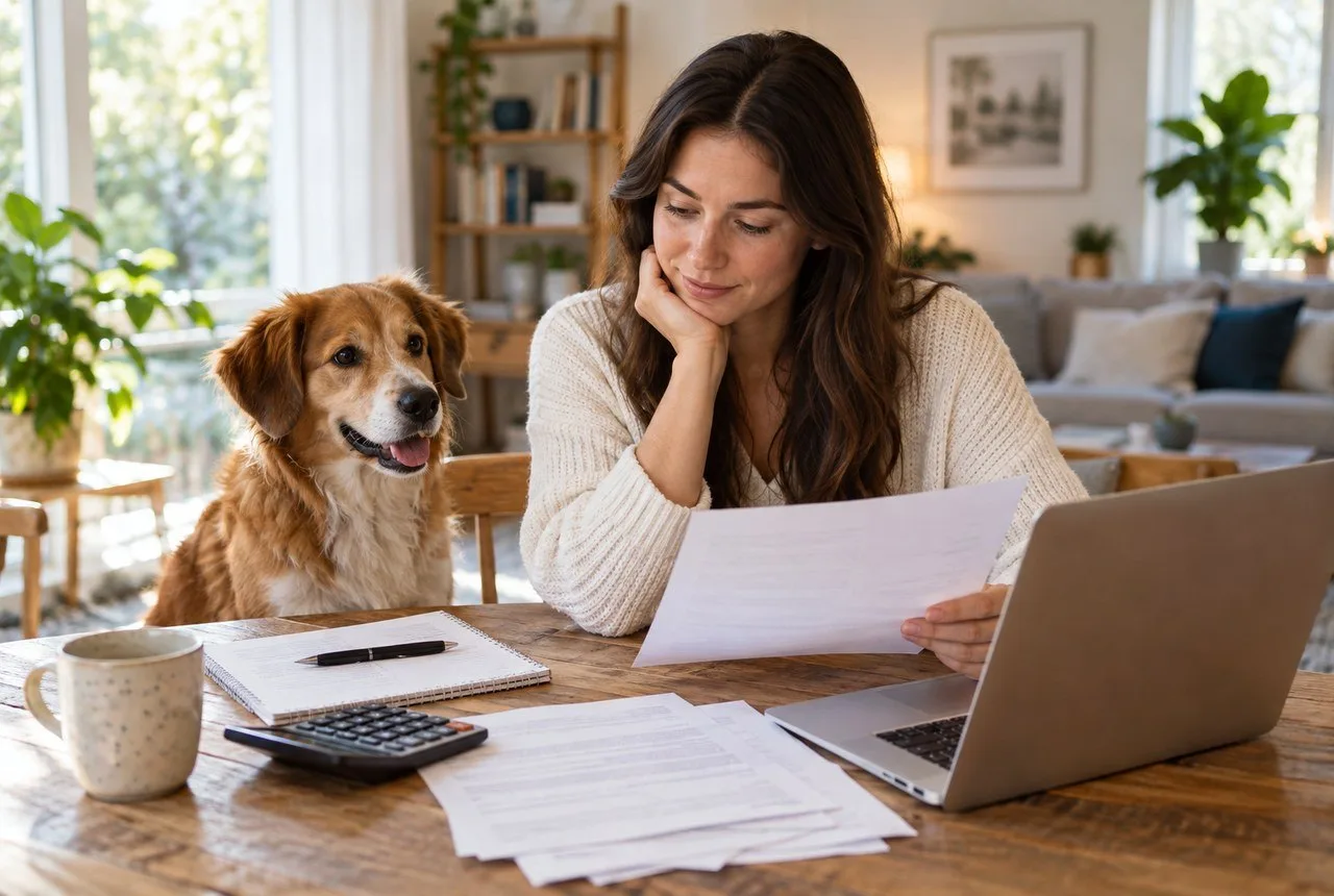 Owner reviewing papers and a laptop beside a dog