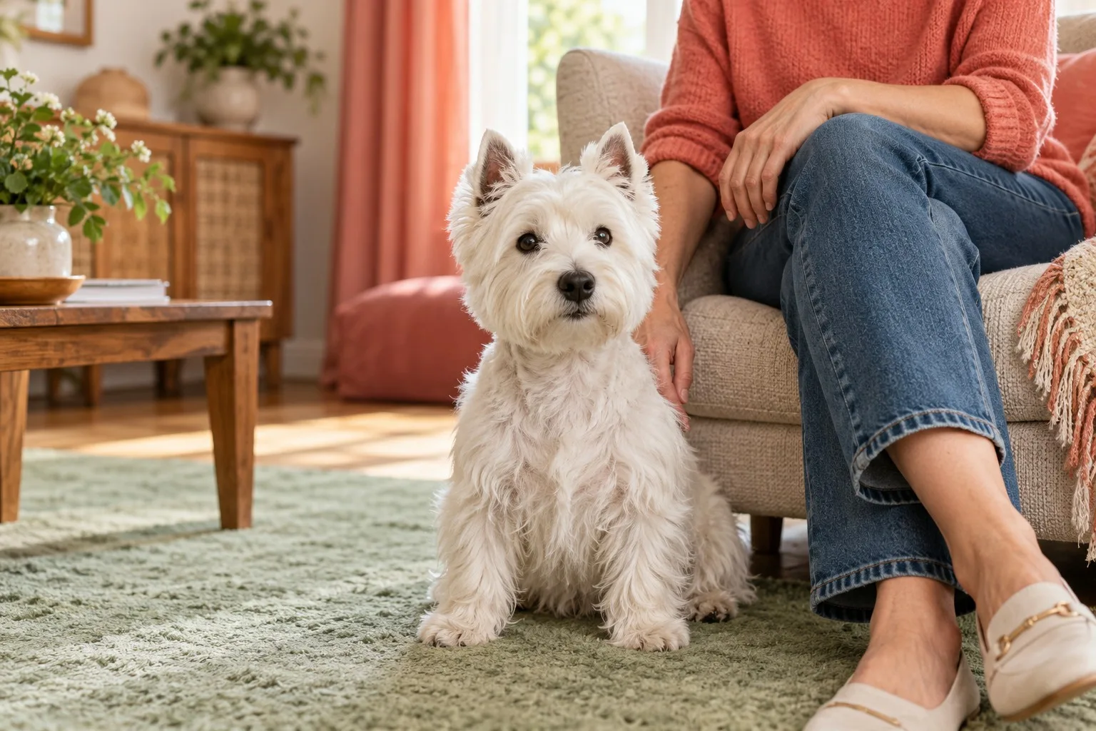 Small white dog sitting beside an owner on a sofa